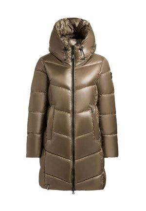 Podložena parka jakna v olivno zeleni barvi z sijočo površino. Ima visok ovratnik, prilagodljivo kapuco in žepke z zadrgo. Oblikovana je v chevronu.