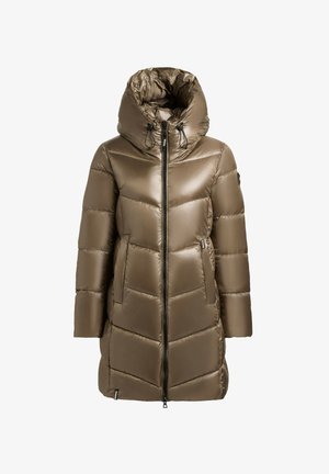 Verstevigde parka-jack in olijfgroen met een glanzende afwerking. Beschikt over een hoge kraag, een verstelbare capuchon en ritszakken. Chevron-quiltontwerp.