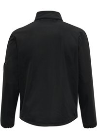 Veste pull noire avec un col montant, des manches longues et une poche zippée sur la manche. Tissu lisse et mat avec une coupe décontractée.