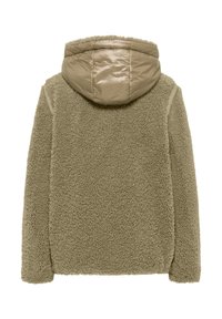 Fleece'owa kurtka w oliwkowym kolorze z pikowaną, błyszczącą kapturem. Ma teksturowaną, miękką zewnętrzną warstwę i gładką podszewkę. Szczegóły na rzepy z boku.