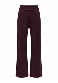 Mørkerøde bukser med brede ben og elastisk midjebånd, laget av mykt materiale, med frontsømmer for ekstra struktur og stil.