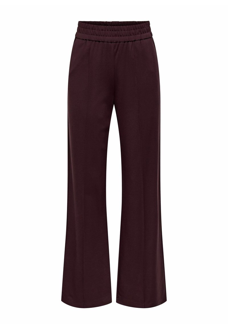 Mørkerøde bukser med brede ben og elastisk midjebånd, laget av mykt materiale, med frontsømmer for ekstra struktur og stil.