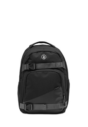 Black backpack with a textured fabric, multiple zippered compartments, a large main section, and adjustable straps. Features logo and buckles.