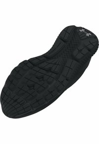 Schwarze Sportschuhsohle mit strukturiertem Design und mehreren Mustern für Haftung und Flexibilität. Enthält sichtbare Dämpfungsbereiche.
