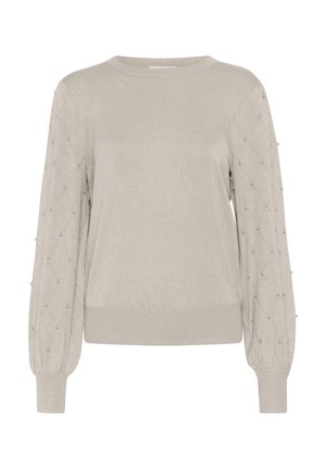 Light beige sweater with a round neck, textured diamond-patterned sleeves, and decorative beads along the seam. Smooth fabric finish.
