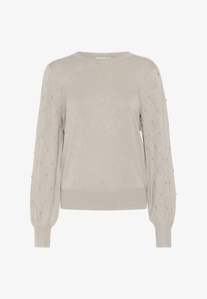 Világos bézs pulóver kerek nyakkal, texturált gyémántmintás ujjak, díszítő gyöngyökkel a varrás mentén. Simább anyagfelület.