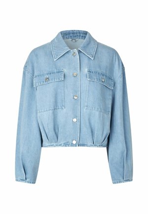 Krótkia kurtka jeansowa w jasnym niebieskim kolorze, z kołnierzem, zapięciem na guziki i dwoma przednimi kieszeniami. Miękka faktura z długimi rękawami.