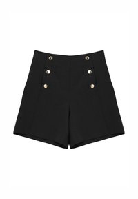 Shorts noirs en tissu, à taille haute avec des accents de boutons dorés, présentant une forme structurée et des poches latérales.