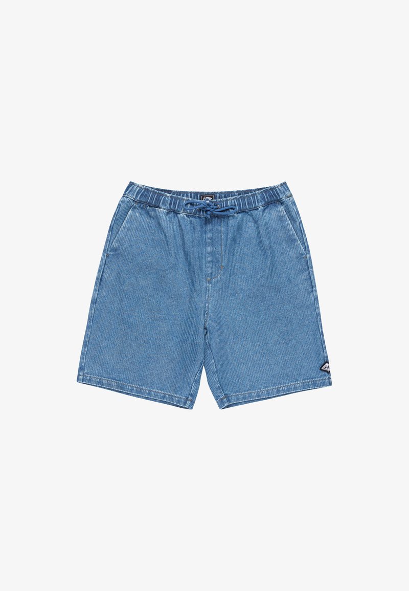 Denim-Shorts in hellblau mit elastischem Bund, Kordelzug und Seitentaschen. Mit dezenten vertikalen Streifen und Logo-Patch.