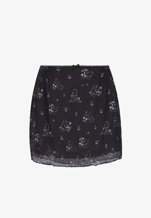 Schwarzer transparenter Rock mit kleinen weißen Blumen- und Tierumrissmustern, gewelltem Saum und einer kleinen Schleife am Bund.