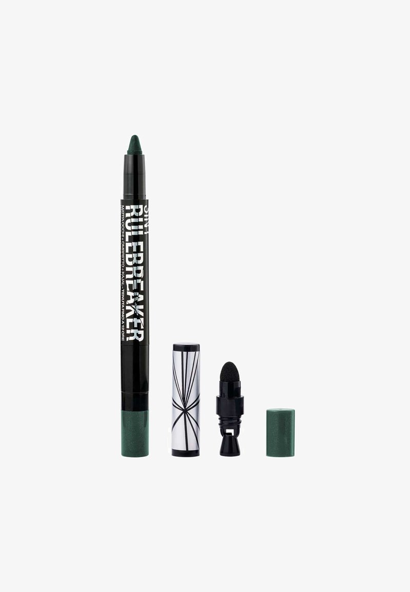 Evidenziatore verde con corpo nero, caratterizzato da testo bianco. Dotato di un cappuccio argento e una punta nera per sfumature. Superficie liscia, finitura opaca.