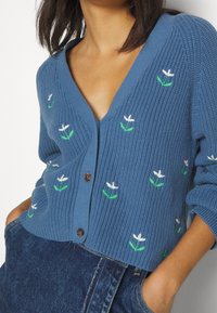 Ljusblå stickad kappa med djup V-hals, prydd med vit och grön blommig broderi och bruna knappar. Korthämpad design med texturerad tyg.