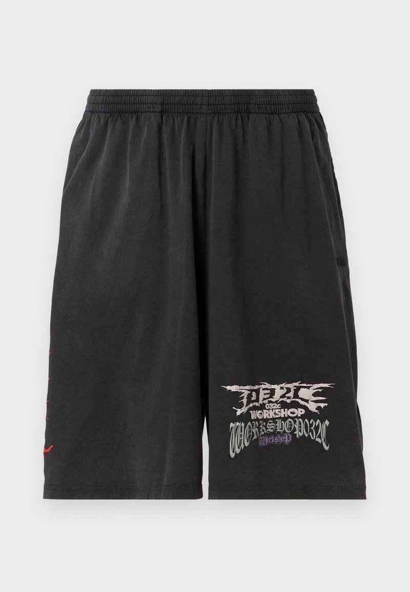 Pantalones cortos negros de tejido ligero con cinturilla elástica, que presentan gráficos impresos en blanco y púrpura en un lado.