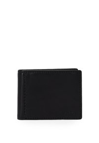 Black leather wallet with a textured finish, bi-fold design, contrasting stitching, and a small embossed logo on one side.