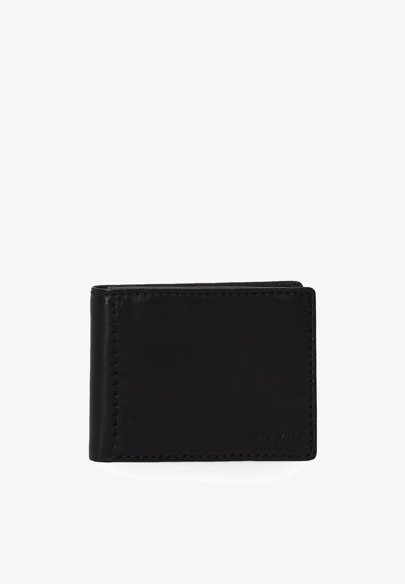 Black leather wallet with a textured finish, bi-fold design, contrasting stitching, and a small embossed logo on one side.