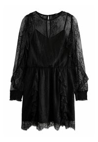 Robe en dentelle noire à manches longues transparentes, ourlet volanté et poignets élastiques. Présente une taille cintrée et un col rond.