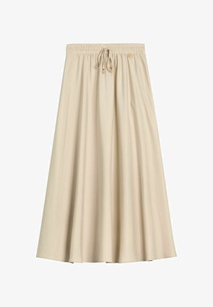 Beżowa spódnica do połowy łydki z elastycznym pasem i sznurkiem do wiązania, o luźnym, trapezowym kroju.