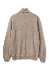 Beige Strickpullover mit hohem Kragen, gerippten Bündchen und Saum. Weiche Textur mit einem leicht lockeren Schnitt und ohne sichtbare Muster oder Beschläge.