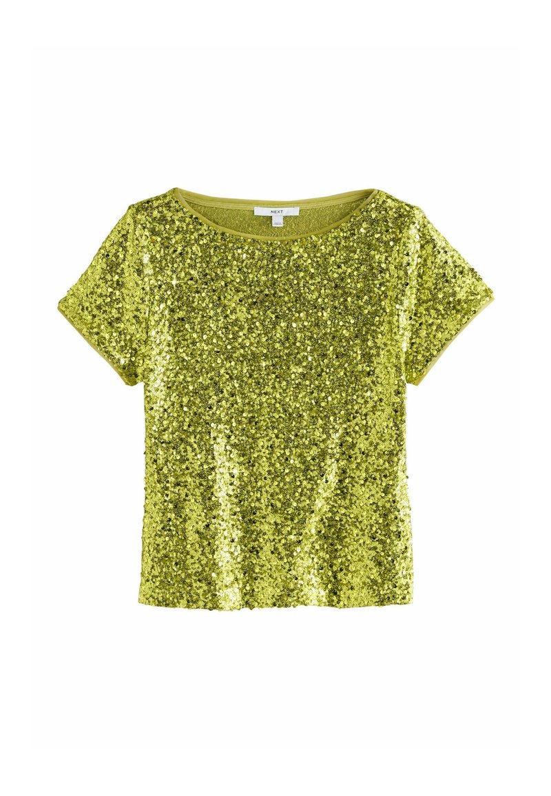 Grön kortärmad topp täckt av glänsande paljetter, med en bred rund halsringning och en avslappnad passform.