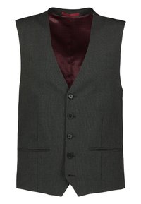 Gilet gris foncé avec un col en V, quatre boutons noirs et deux poches avant. L'intérieur est doublé d'un motif bordeaux.