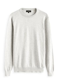 Lys grå sweater lavet af blødt stof. Har rund halsudskæring, lange ærmer og ribbede manchetter og kant. Simpelt, rent design.