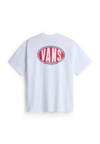 Bílý bavlněný tričko s velkým červeným a modrým oválným logem na zádech, které nese nápis "VANS" s textem "OFF THE WALL ORIGINAL SINCE 1966."