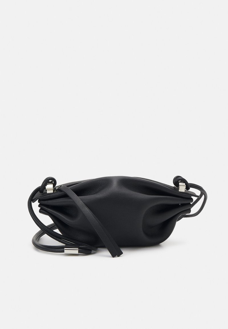 Black leather handbag with a soft, crumpled design, featuring a single adjustable strap and silver hardware accents.