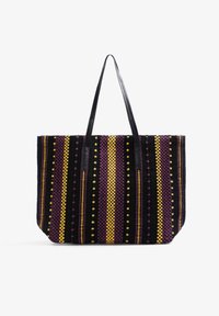 Borsa a tracolla a righe con motivi orizzontali in nero, viola e giallo, realizzata in tessuto testurizzato e con manici in cuoio nero.