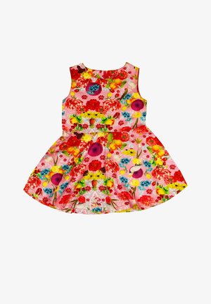 Robe fleurie à base rose, ornée de diverses fleurs et fruits colorés. Sans manches, cintrée au niveau du corsage, avec une jupe évasée.