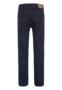 Dark blue denim jeans with a straight leg design. Features two back pockets, contrast stitching, and a leather logo patch on the waistband.