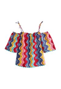 Blouse décolleté avec un motif de rayures ondulées multicolores, manches courtes et fines bretelles réglables avec détails en noeud.