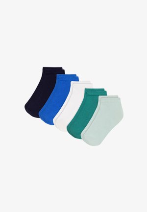Six paires de chaussettes basses en marine, bleu, blanc, vert, vert foncé et vert clair. Confectionnées en matériau lisse et élastique avec des bords-côtes.