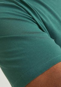 Groene katoenen t-shirt, korte mouwen, gladde textuur, aansluitend ontwerp, met zichtbare stiksels langs de mouwen en de zoom.