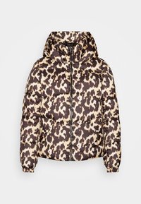 Chaqueta acolchada con un estampado de leopardo en marrón y beige, capucha, cierre frontal con cremallera y puños elásticos para un ajuste seguro.