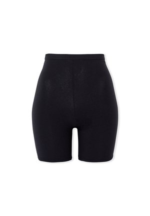 Black high-waist fitted biker shorts with a smooth texture, extending to mid-thigh length on a white background.