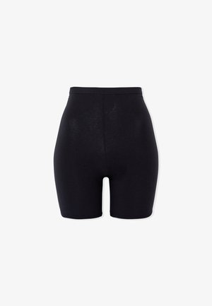 Black high-waist fitted biker shorts with a smooth texture, extending to mid-thigh length on a white background.
