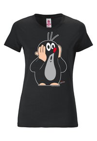 Black cotton T-shirt featuring a cartoon mole with a round body, wide eyes, red nose, and hands on its face, depicting a surprised expression.