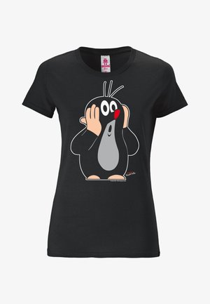 Czarna bawełniana koszulka z nadrukiem kreskówkowego mola o okrągłym ciele, dużych oczach, czerwonym nosie i rękach na twarzy, ukazująca zaskoczoną minę.