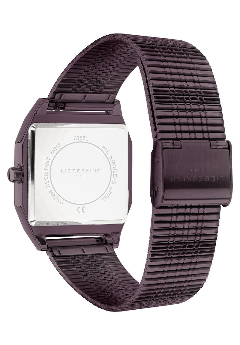 Vierkante paarse roestvrijstalen horloge met een gestructureerde mesh band, met een zilveren bezel en een heldere, gegraveerde wijzerplaat.