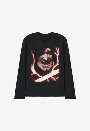 Black long-sleeve shirt featuring a graphic of a hooded figure with a sinister expression, surrounded by red lightning and a white lightsaber.
