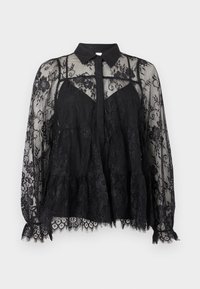 Μαύρο διάφανο μπλούζα με μακριά μανίκια από δαντέλα με λουλουδάτα μοτίβα, γιακά στη λαιμόκοψη, κλείσιμο με κουμπιά στο μπροστινό μέρος και κυματιστό τελείωμα και μανσέτες.