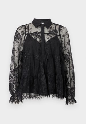 Čierna priehľadná čipkovaná blúzka s dlhými rukávmi, kvetinovými vzormi, golierom, zapínaním na gombíky vpredu a vlnkovaným lemom a manžetami.