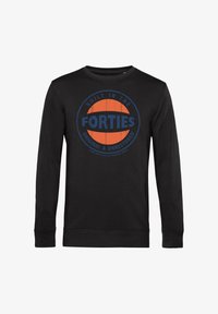 Sudadera negra de manga larga con un logo redondo en naranja y azul que dice "Construido en los años cuarenta, Original y sin restaurar" en el pecho.
