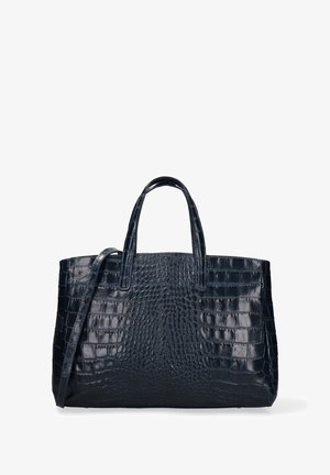 Sac en cuir moiré crocodile navy avec deux poignées courtes et une bandoulière amovible, présentant une forme rectangulaire structurée.