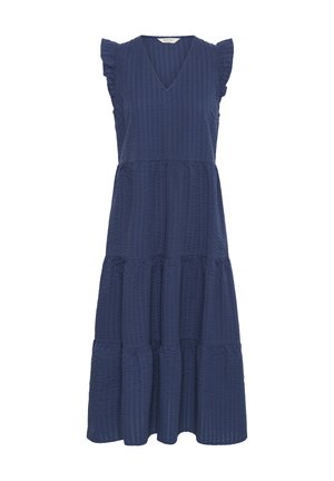 Navyblaues, gestuftes Kleid mit V-Ausschnitt und Rüschensäumen. Hergestellt aus texturierter Stoff, mit horizontalen Streifen und lockerer Passform.