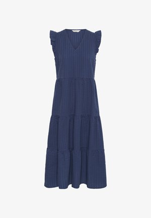 Granatowa sukienka warstwowa z dekoltem w kształcie litery V i falbaniastymi rękawami. Wykonana z teksturowanej tkaniny, z poziomymi paskami i luźnym krojem.