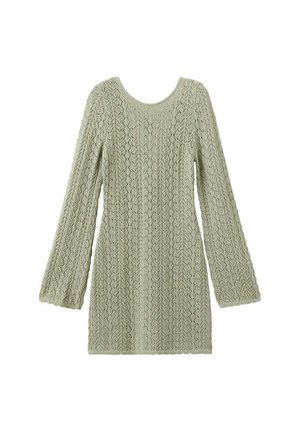 Robe tricotée vert clair à manches longues avec motif en dentelle et col rond, présentée à plat sur un fond blanc.