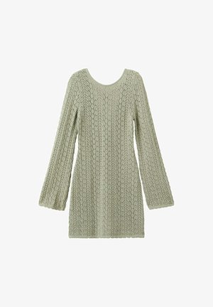 Langärmeliges, hellgrünes, gestricktes Kleid mit Spitzenmuster und rundem Ausschnitt, flach auf weißem Hintergrund dargestellt.