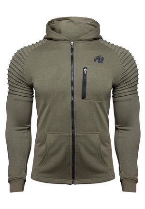 Olijfgroene hoodie van katoen met ribbelstructuur op de schouders, ritssluiting aan de voorkant, borstzak en logodetail op de bovenste linkerzijde.
