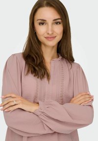 Blusa rosa chiaro con colletto rotondo, dettagli in pizzo e maniche a sbuffo. Il tessuto ha un aspetto morbido e texturizzato. Polsini con bottoni.